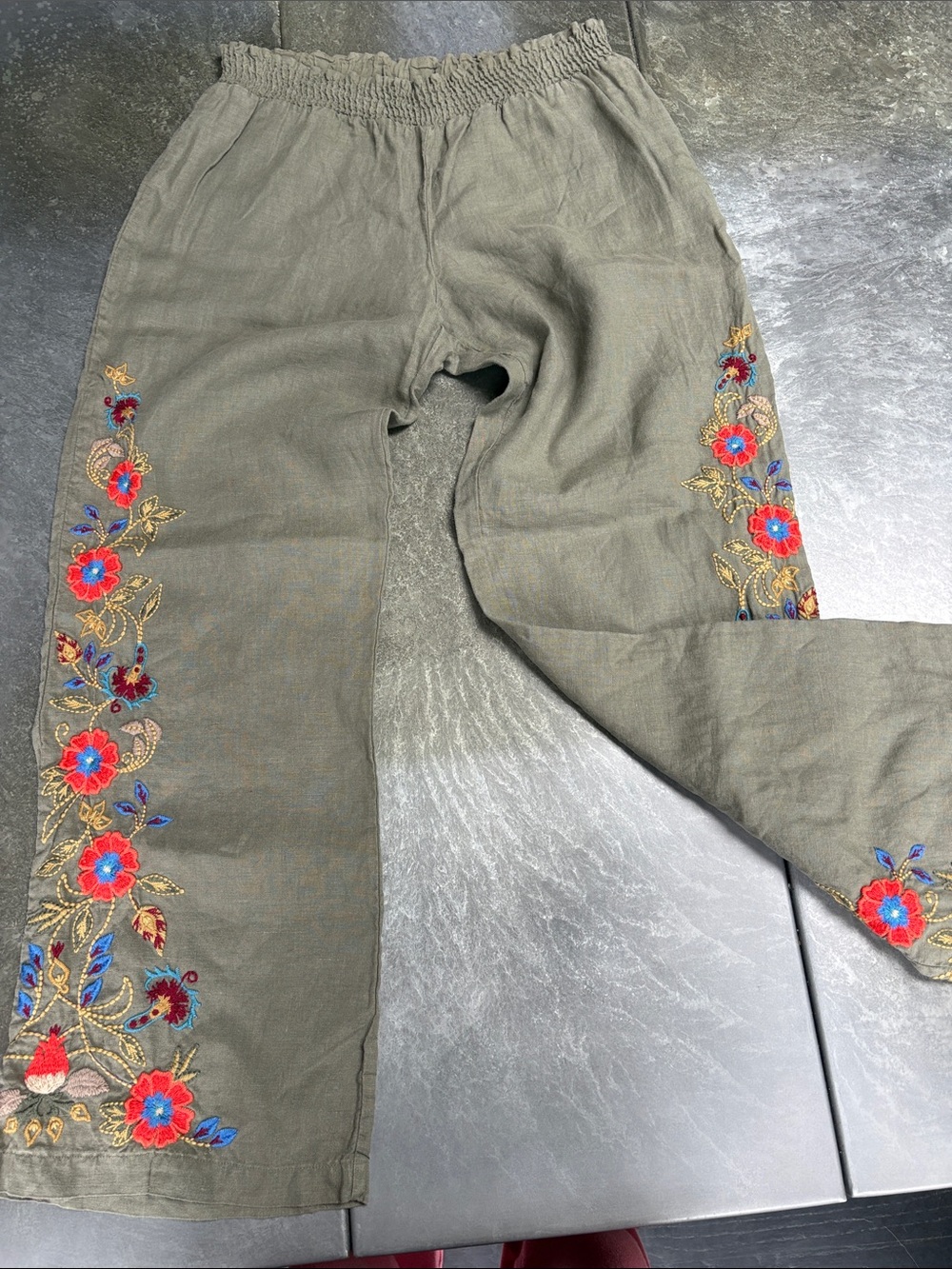 Johnny Was Olive Wide Leg Embroidered Linen Pants with Red & Blue Floral Accents